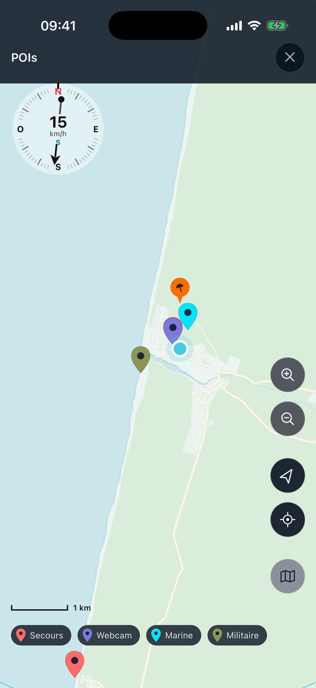 Carte de TidMe : les lieux du littoral posés autour du point affiché.